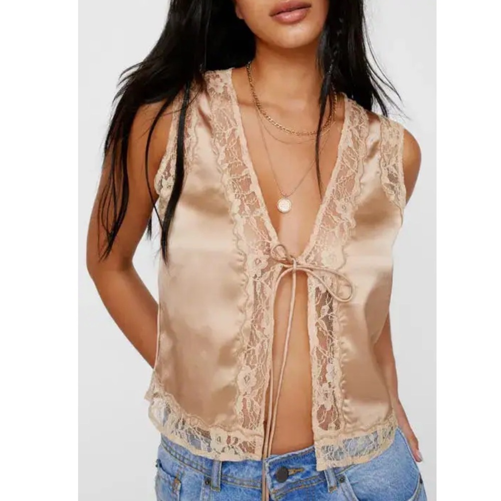 Nasty Gal Lace-Trim Satin Cami in Champagne Beige